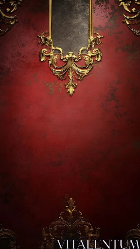 Gilded crimson wall with baroque scrollwork quietly smoldering.