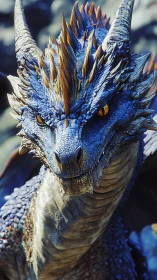 High-detail blue dragon portrait with specular-scaled skin shading