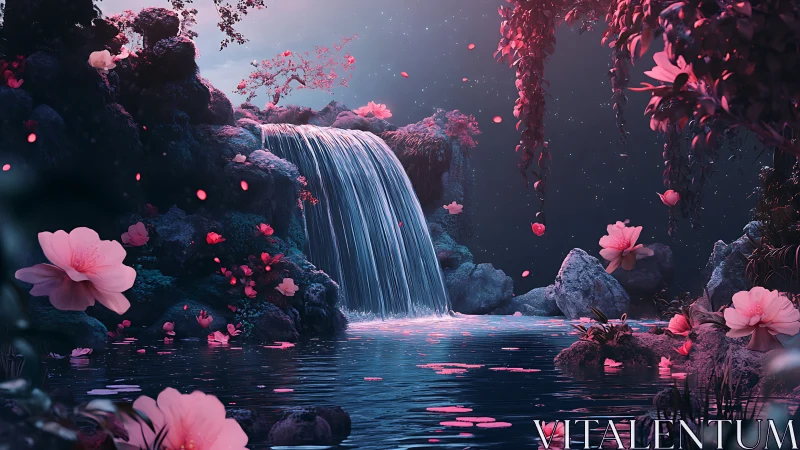Bioluminescent twilight waterfall with pink floral overgrowth
