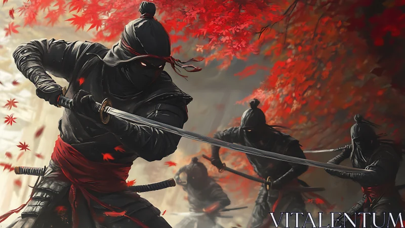 Masked ninja warriors move through fiery autumn leaves.