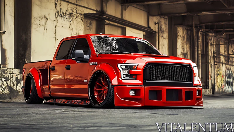 Lowered red custom pickup truck under urban overpass.