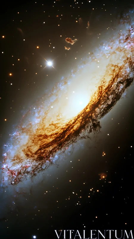 Spiral galaxy glows with golden core and dark dust ring.
