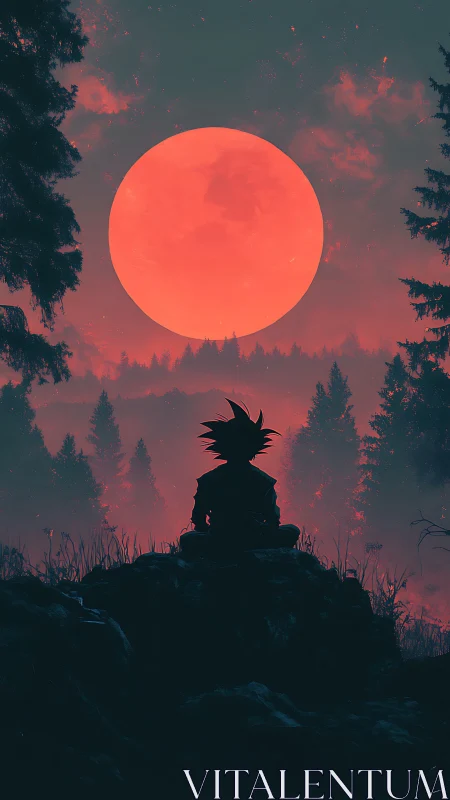 Silhouetted anime figure meditating under crimson supermoon