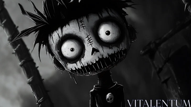 Monochrome stitched cartoon figure with wide staring eyes.