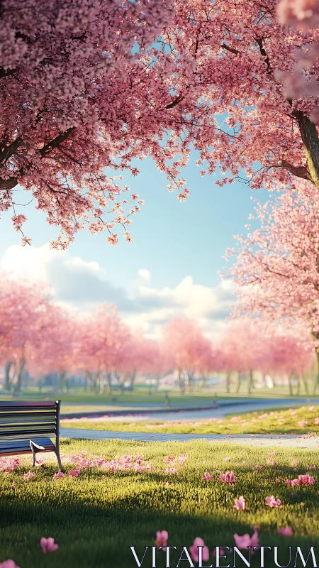 Park bench under dense pink blossom trees in spring