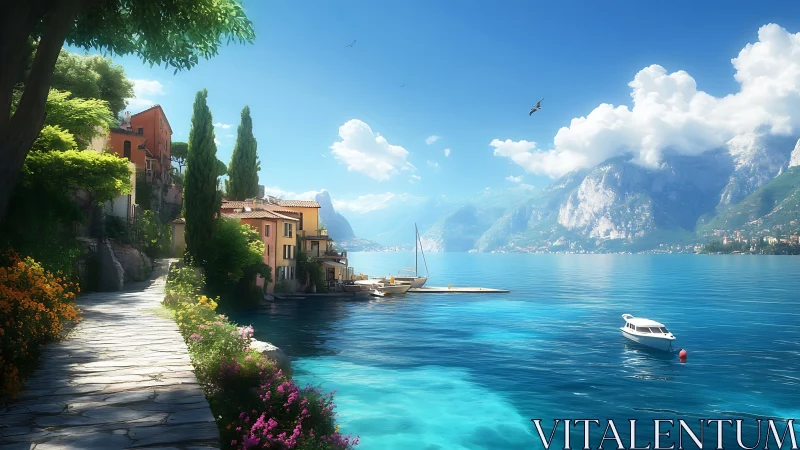 Lakeside village with boats, mountains and bright blue water.