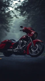 Crimson touring motorcycle resting on a misty forest road.