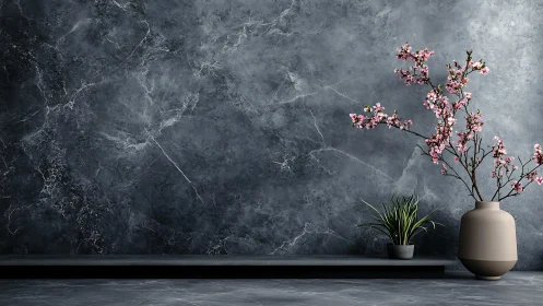 Minimalist floral still life contrasts marble with soft ceramics