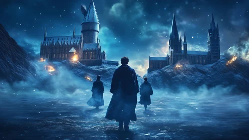 Cloaked figures approach a burning fantasy castle at night.