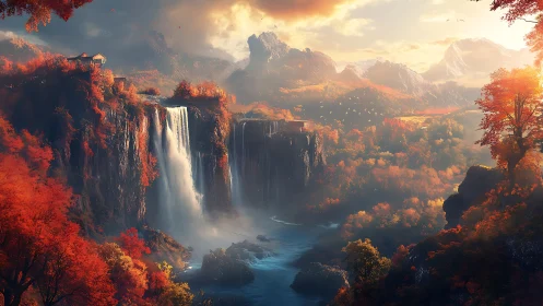 Autumnal cascade plateau under volumetric sunset illumination.