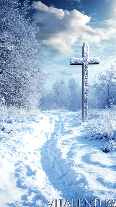 Snow covered cross stands beside winter forest path