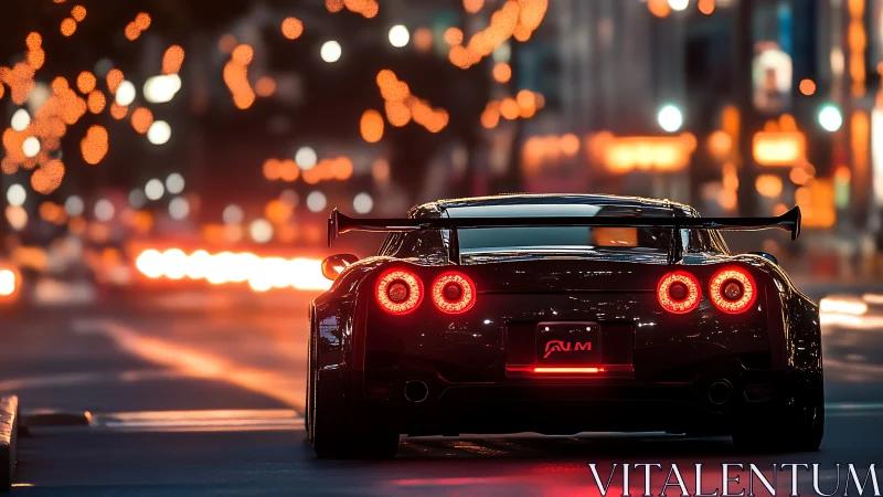 Midnight tuner beast idling beneath blurred neon constellations.