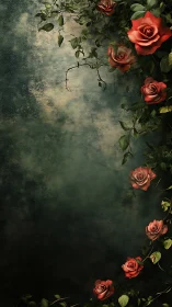 Vertical composition of red roses on dark textured wall.