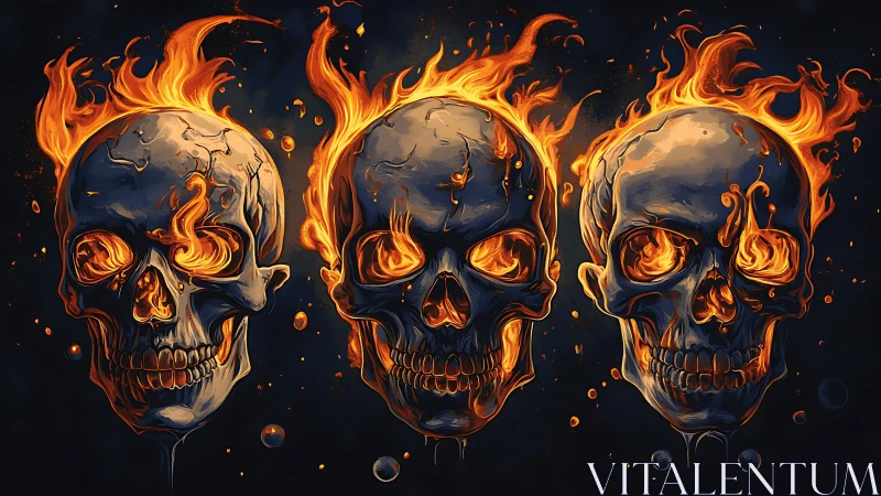 Three flaming skulls aligned against dark abstract space.