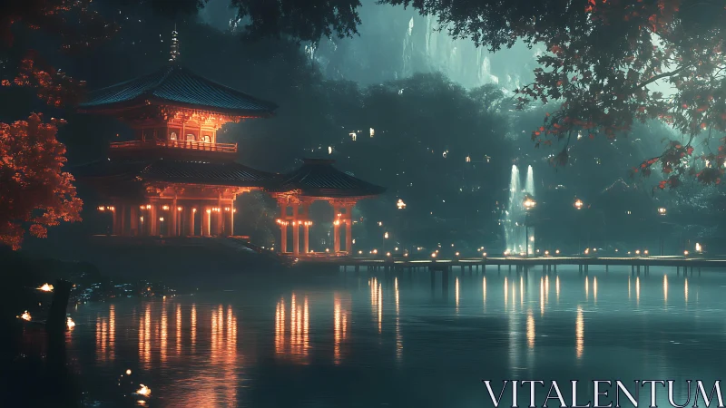 Luminous lakeside pagoda under misty night sky reflection.