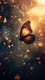 Backlit butterfly in warm bokeh field with glowing particles