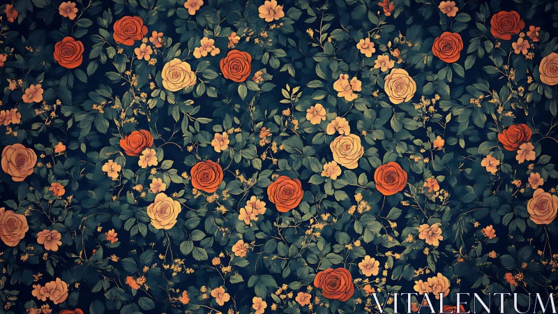 Dense floral pattern shows repeating roses on dark background