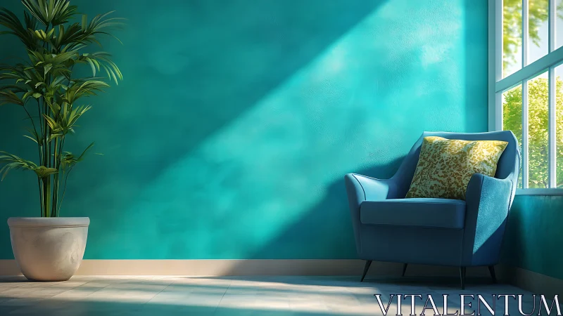 Sunlit teal reading nook with blue armchair and potted palm