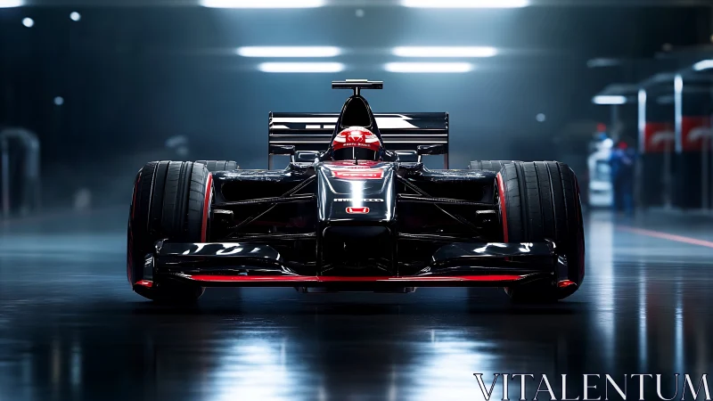 Midnight pit lane rocket waits, coiled in mirror-bright armor