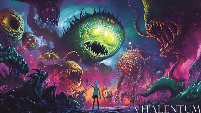 Scientist confronts colossal neon monsters in chaotic void