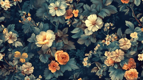 Botanical Illustration with Cream, Orange, and Teal Flowers on Dark Ground