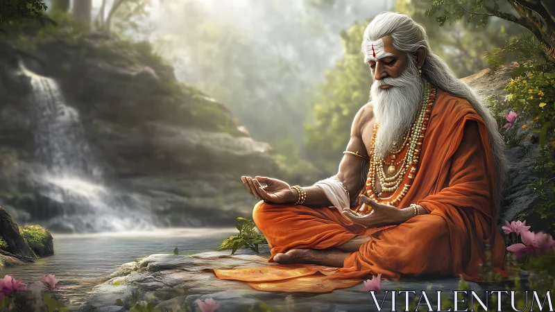 Serene forest sage sinks into deep meditation by the river