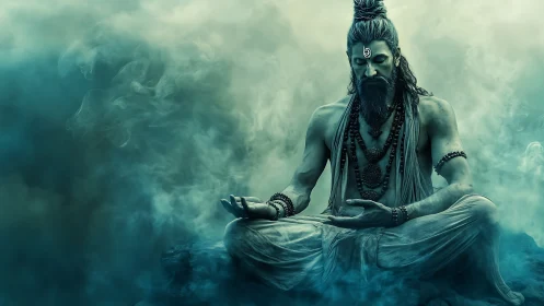 Meditating male figure in mist with stylized forehead mark.