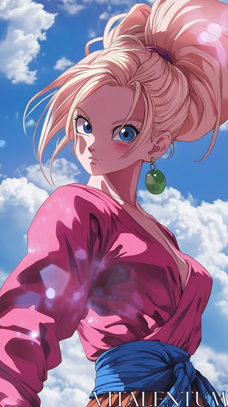 Bold skyward heroine in pink with bright determined gaze.