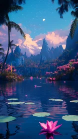 Moonlit lilies whisper across a neon dreamwater valley