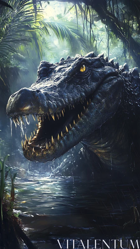 Predatory crocodile emerges from shadowed jungle river