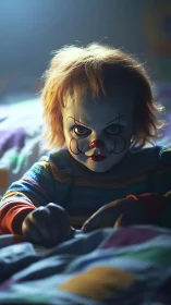 Creepy clown doll stares intensely from a dark bedroom.