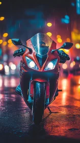 Sport motorcycle stands on wet city street in night rain