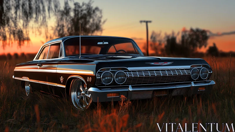 Photorealistic classic muscle car at sunset in field composition.