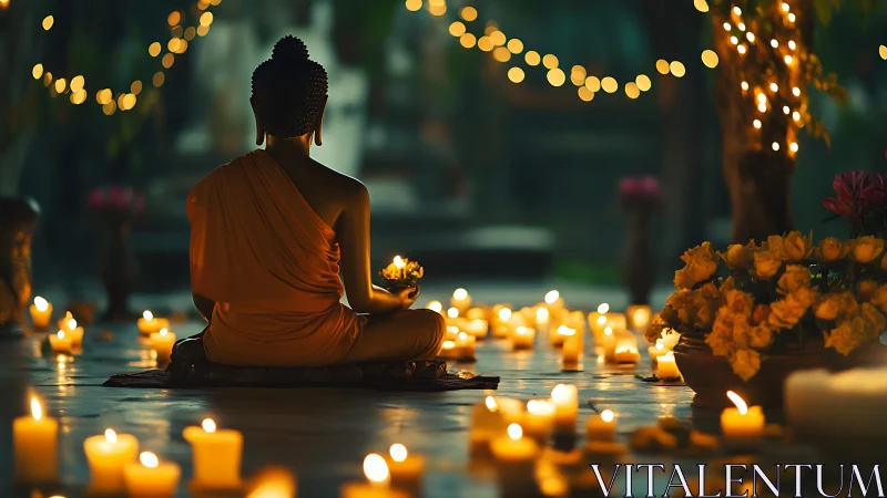 Candlelit monk in golden meditation amid night blossoms.