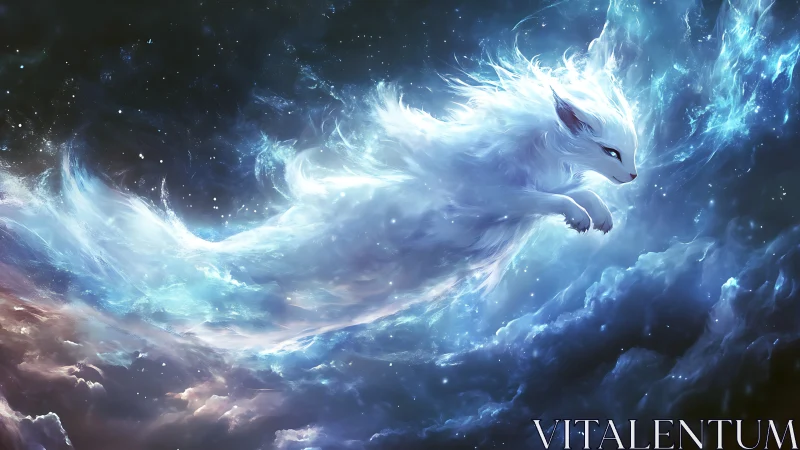 Celestial fox entity traverses luminous nebular cloudscape