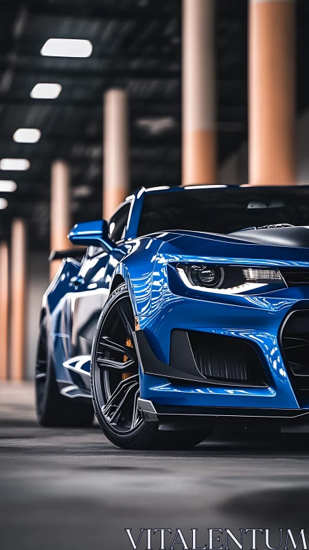 Electric blue muscle car under industrial soft bokeh light.