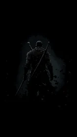 Armored swordsman silhouette on dark fragmented background.