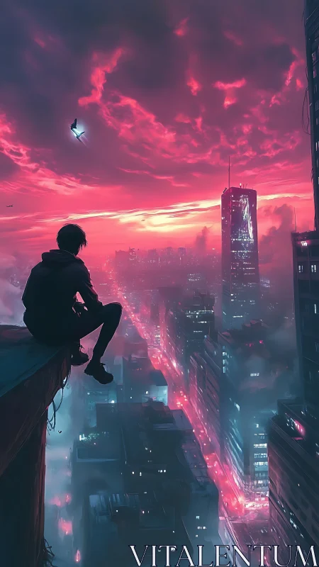 Solitary figure above neon city at vivid magenta sunset.