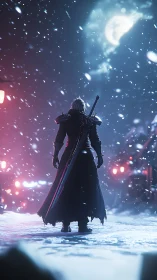 Lone warrior stands beneath a snowfall under glowing moon