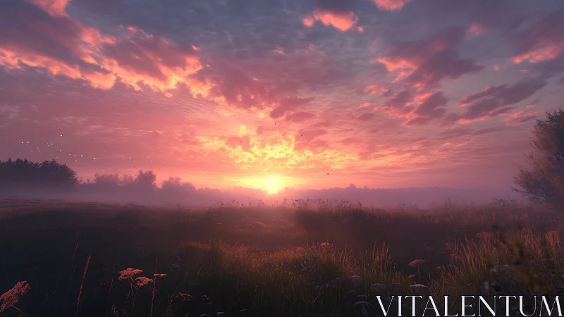 Radiant sunrise over misted meadow with vivid cloud canopy.