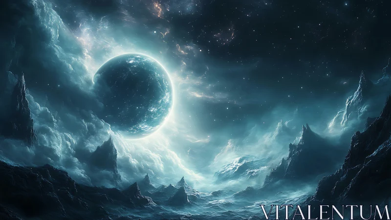 Icy exoplanet rises through luminous nebular stormscape.