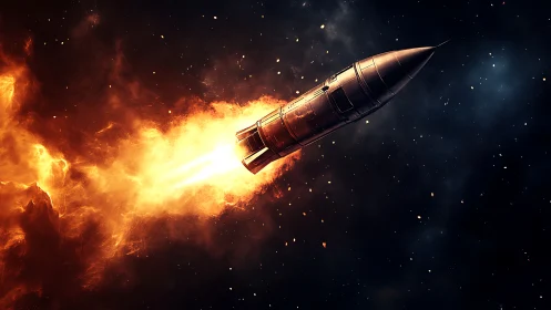 Rocket Launch Through Fiery Cosmos.