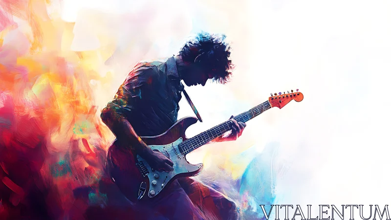 Color-swirled guitarist riding a wave of electric sound.
