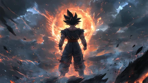 Warrior ignites cosmic power amid apocalyptic storm sky.