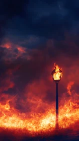 Solitary Torch Engulfed by Inferno Against Darkening Storm.