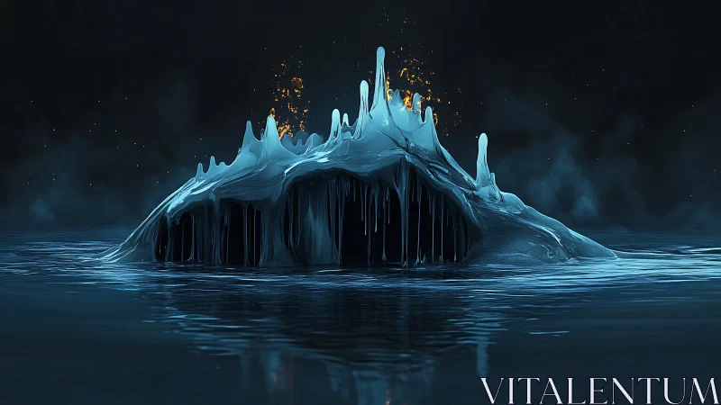 Frozen Volcanic Island Erupts Through Icy Waters at Night