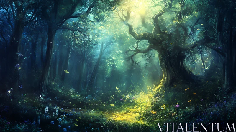 Enchanted Forest Glade. Golden Light Through Luminous Trees.