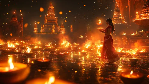 River of lamps and a lone devotee in crimson twilight glow.