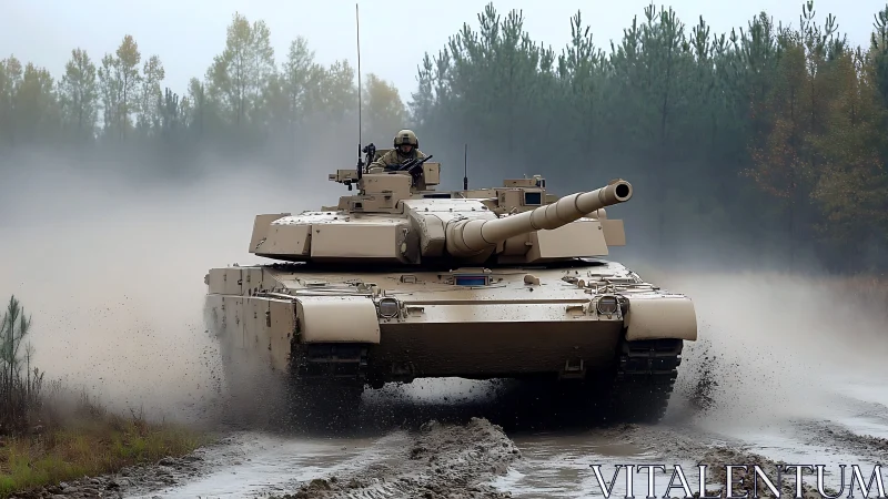 Sand-hued battle tank storms a misty forest training ground.