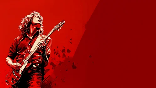 Electric guitarist in red monochrome vector style portrait
